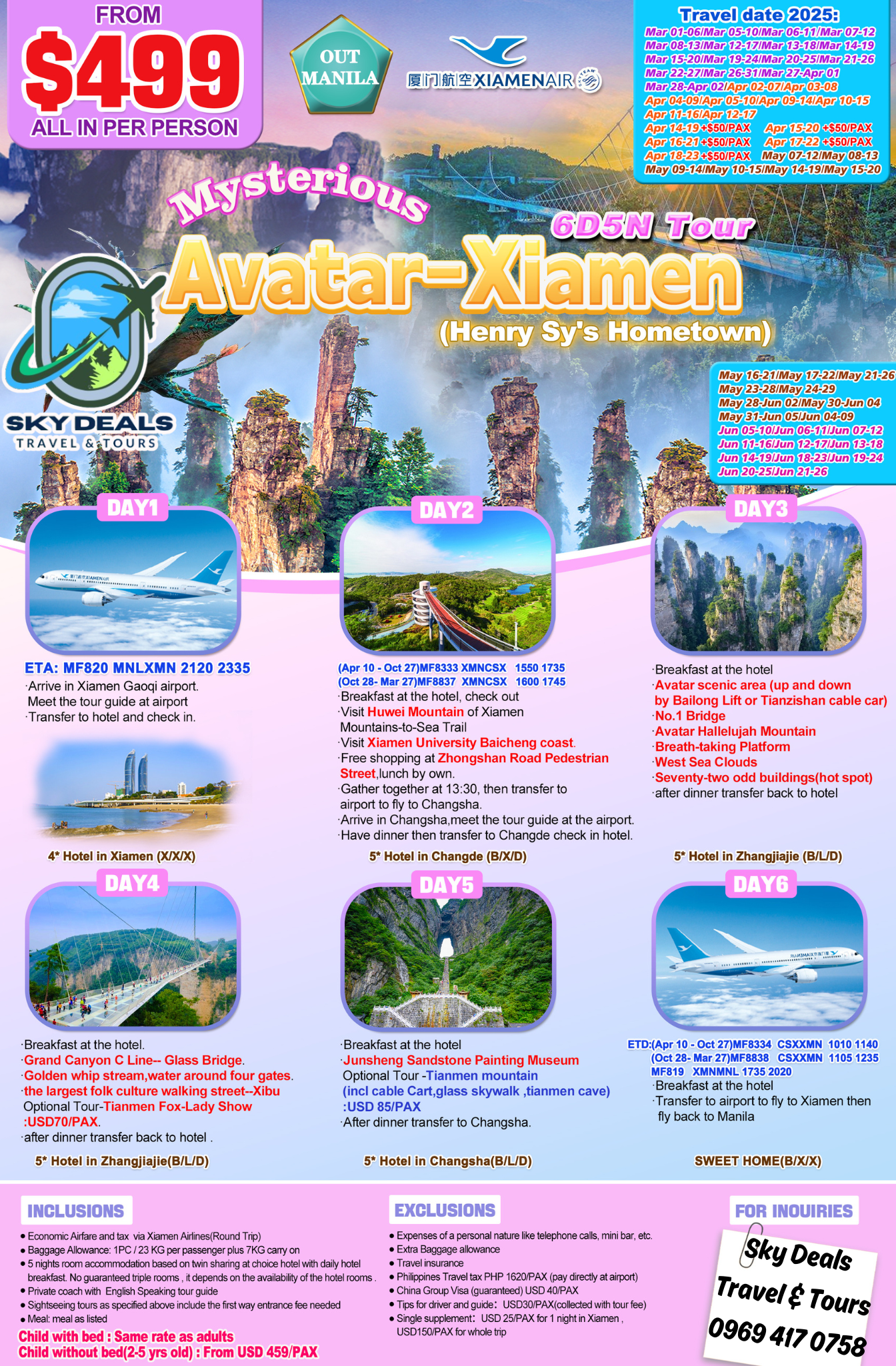 6 DAYS AND 5 NIGHTS AVATAR-XIAMEN MAR TO MAY 2025