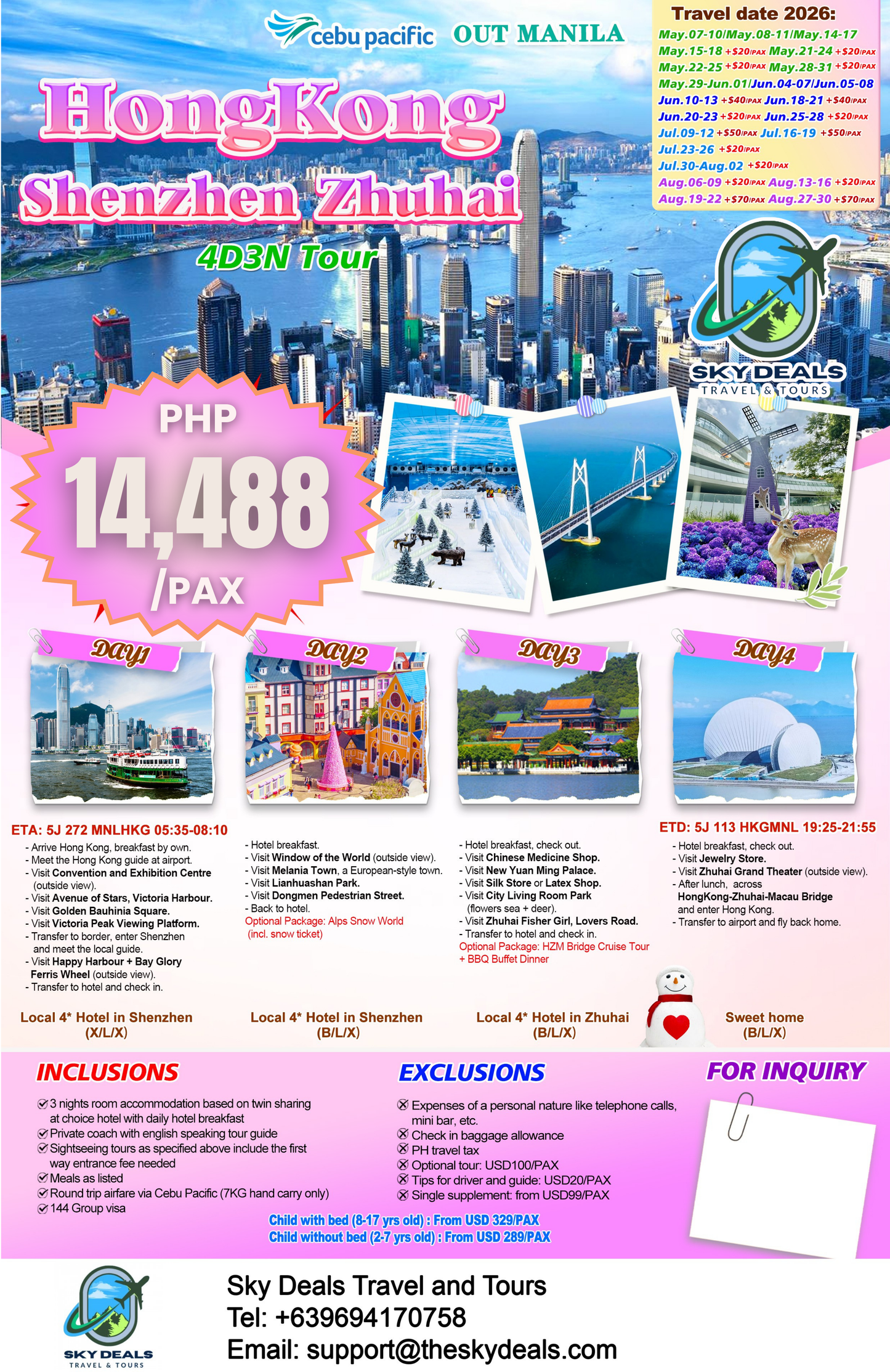 4 Days 3 Nights Hongkong - Shenzhen - Zhuhai | JUNE to AUGUST 2026