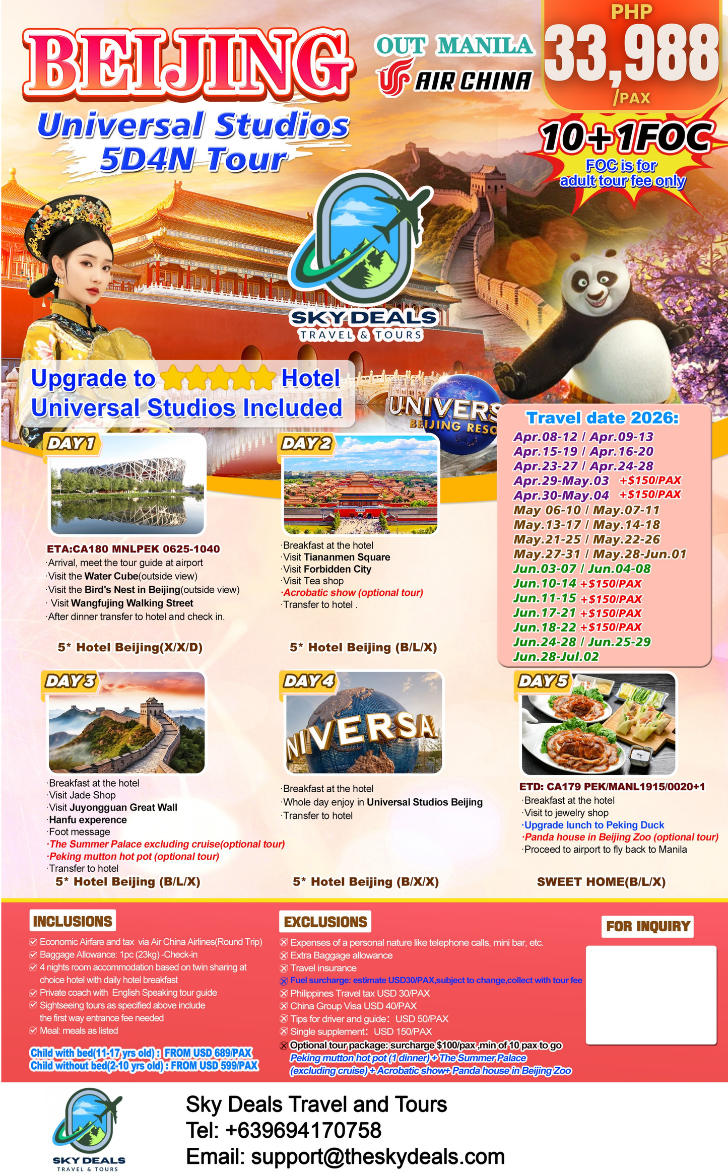 5 Days 4 Nights Beijing + Universal Studios Tour | MAY to JUNE 2026