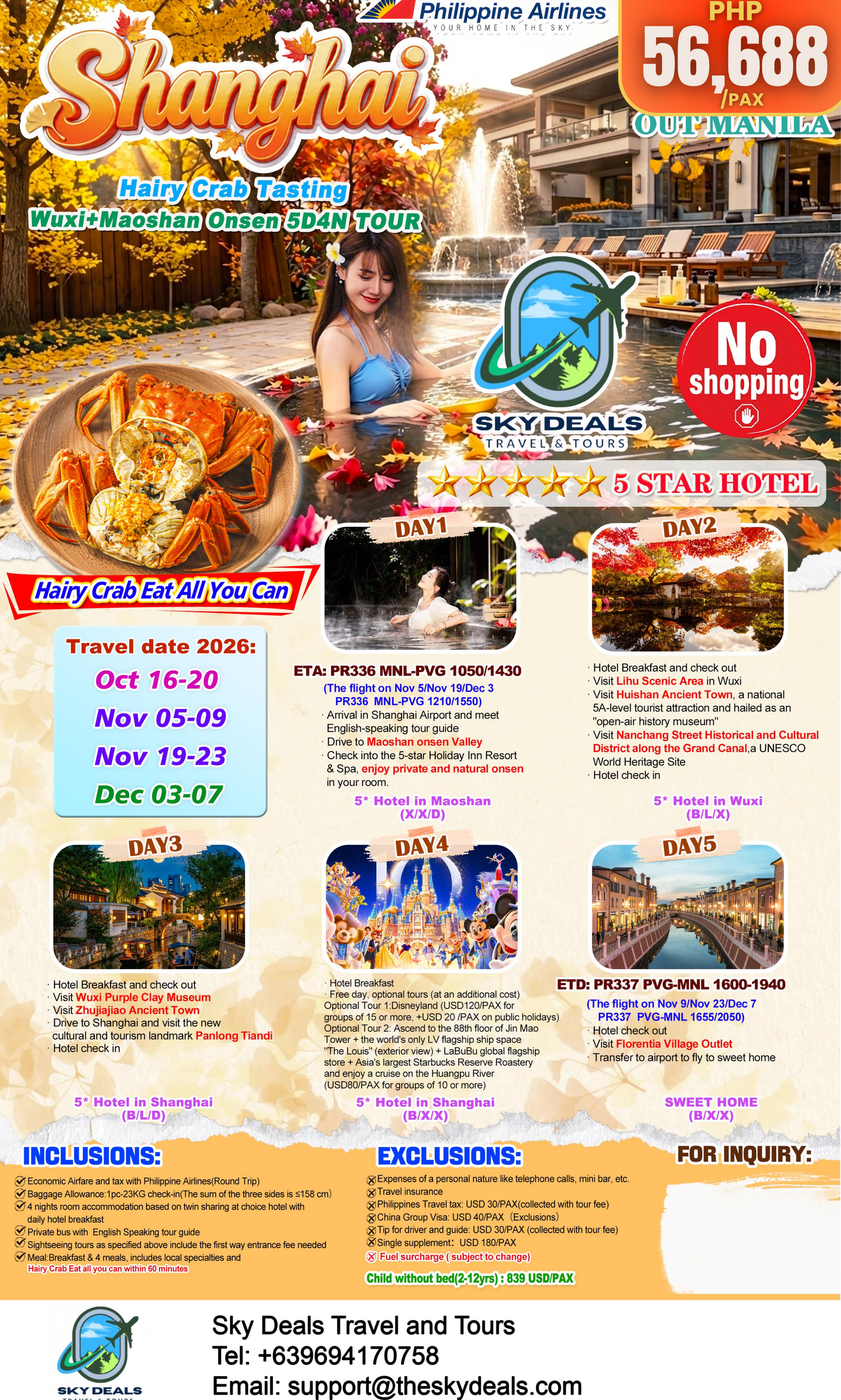 5 Days 4 Nights Shanghai Tour | HAIRY CRAB TASTING • WUXI • MAOSHAN ONSEN | OCTOBER to DECEMBER 2026