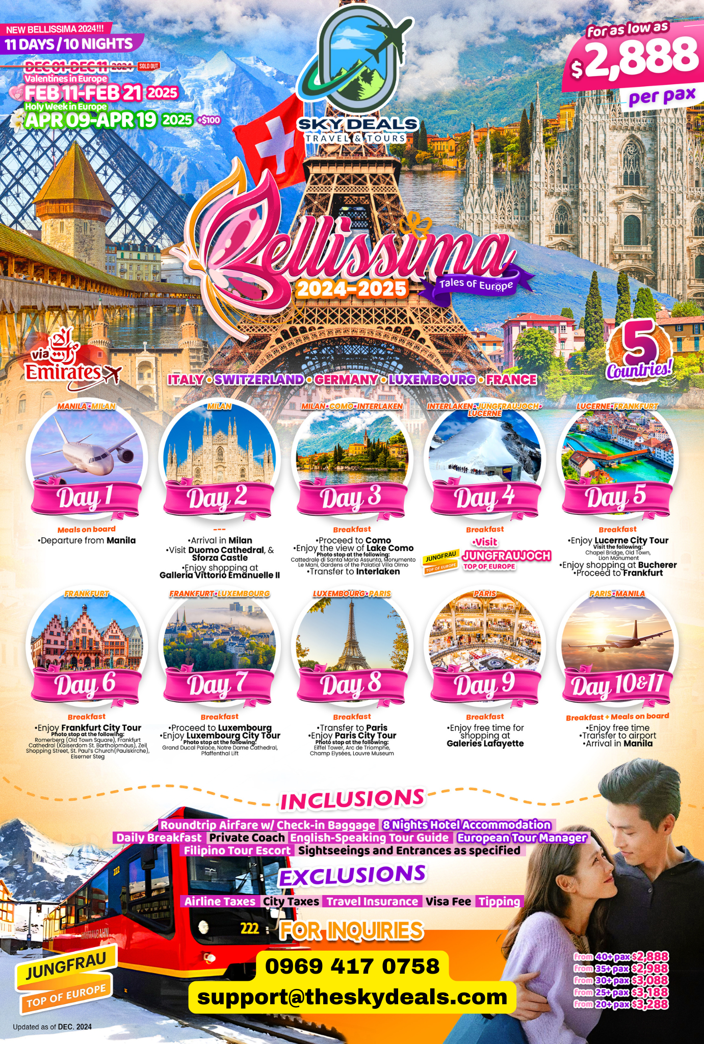 ITALY, SWITZERLAND, GERMANY, LUXEMBOURG, FRANCE 11 DAYS AND 10 NIGHTS FEB TO APR 2025