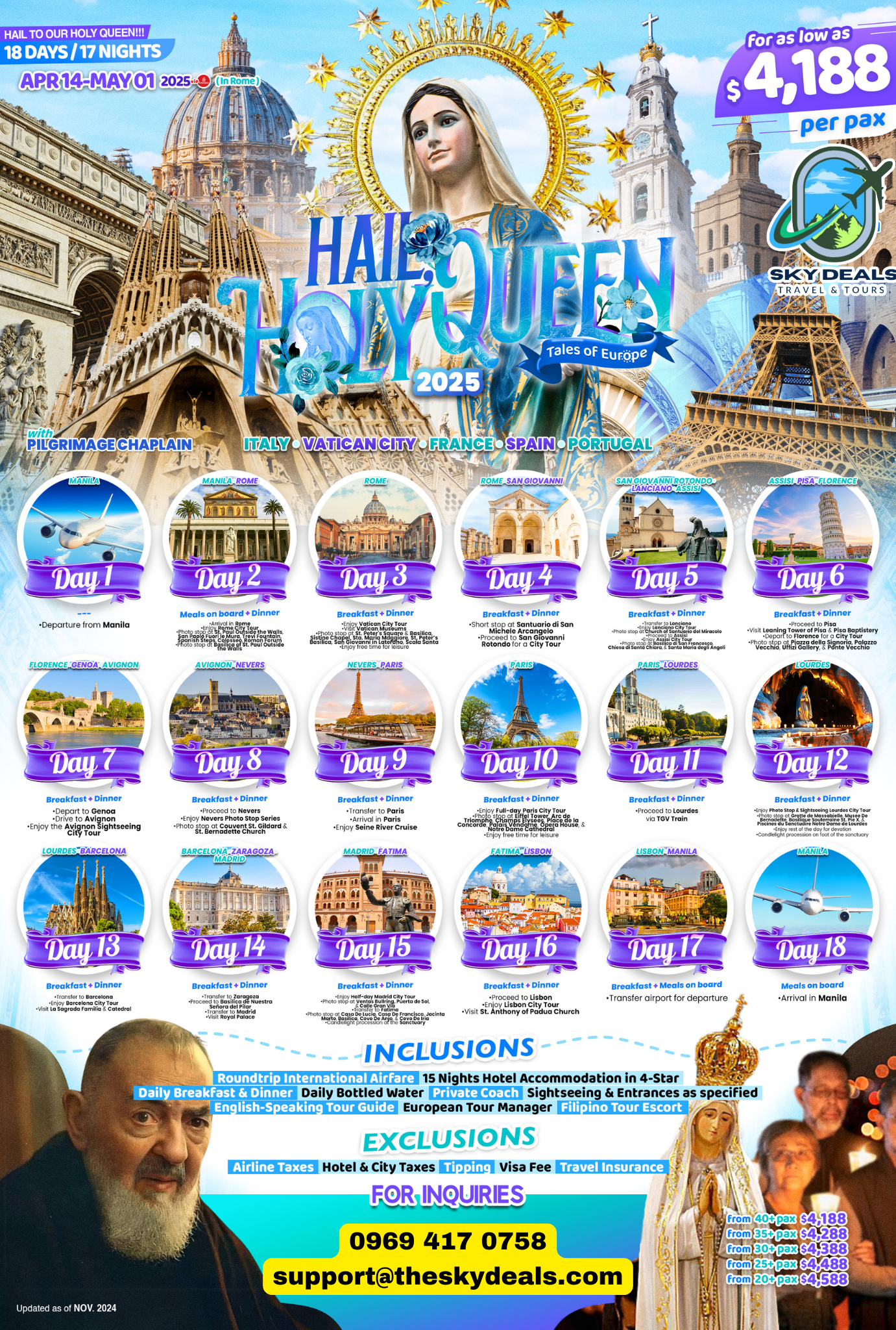 ITALY, VATICAN CITY, FRANCE, SPAIN, PORTUGAL, PILGRIMAGE CHAPLAIN 18 DAYS AND 17 NIGHTS APR TO MAY 2025