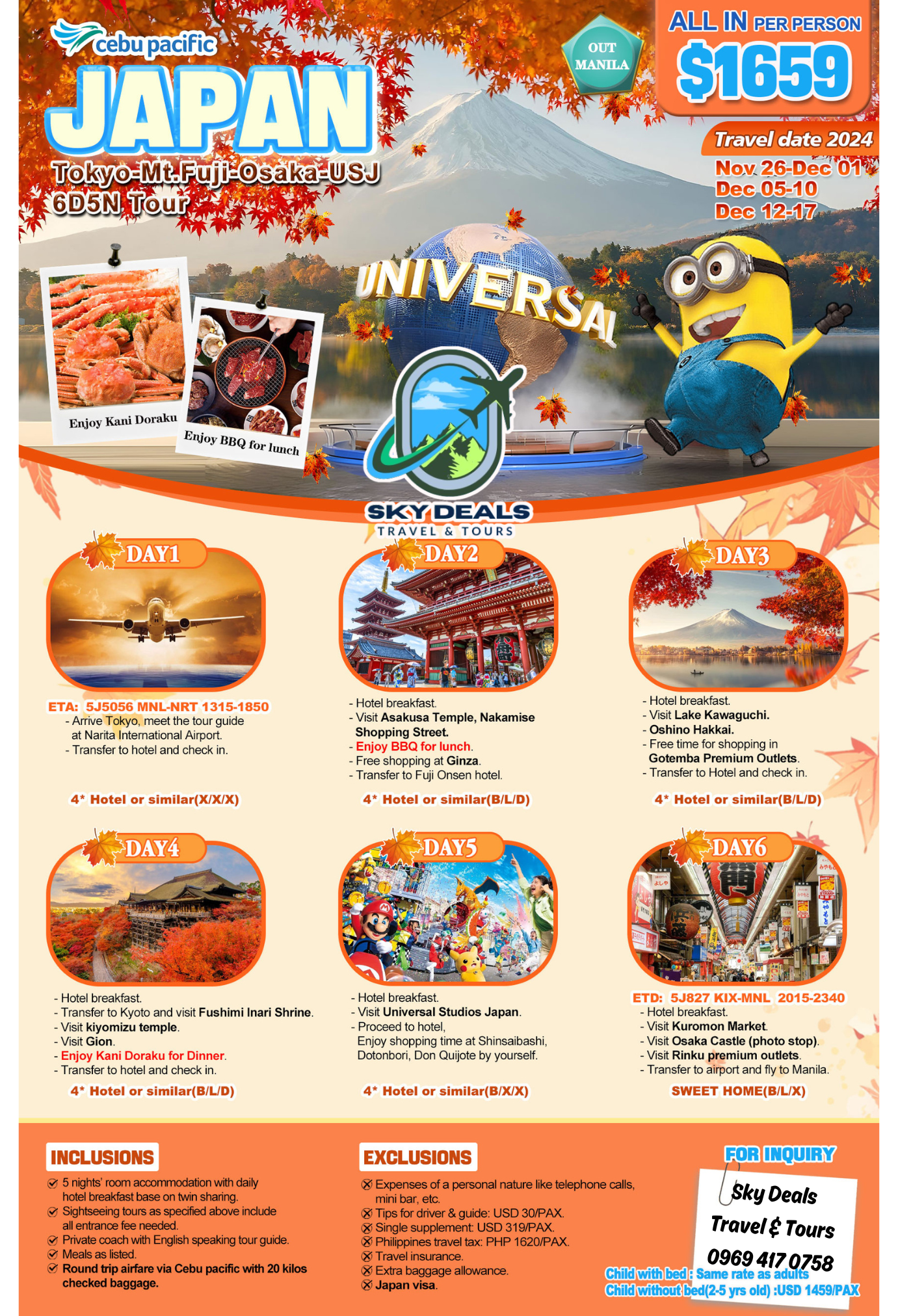 Paquete de 6 días y 5 noches todo incluido: Tokio, monte Fuji, Osaka y USJ