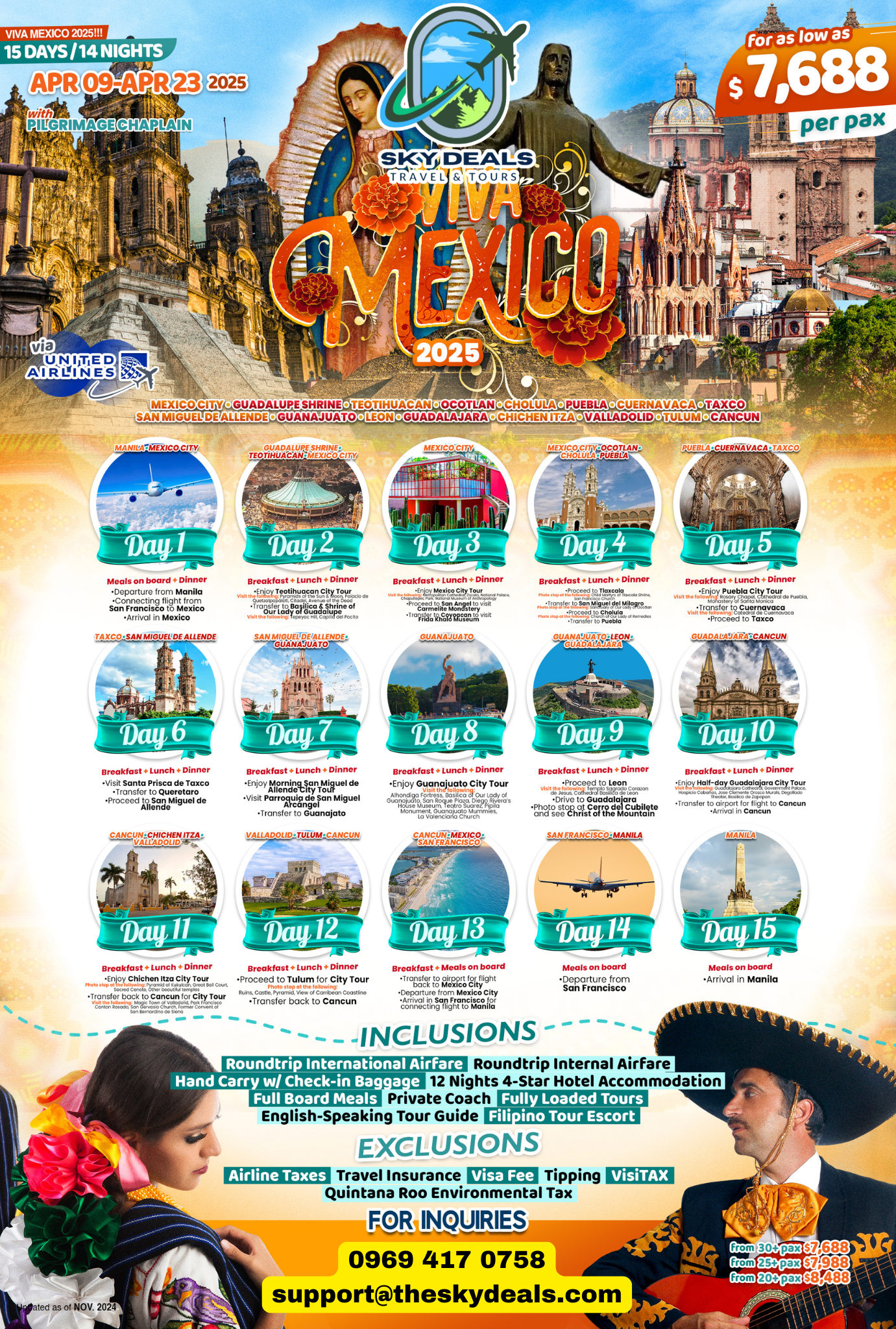 MEXICO CITY, GUADALUPE SHRINE, TEOTIHUACAN, OCOTLAN, CHOLULA, PUEBLA, CUERNAVACA, TAXCO, SAN MIGUEL DE ALLENDE, GUANAJUATO, LEON, GUADALAJARA,CHICHENITZA, VALLADOLID, TULUM, CANCUN 15 DAYS AND 14 NIGHTS APR 2025
