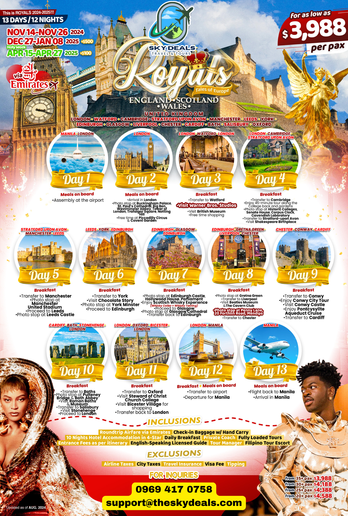 UNITED KINGDOM, LONDON, WATFORD, CAMBRIDGE, STRATFORD UPON AVON, MANCHESTER, LEEDS, YORK, EDINBURGH, GLASGOW,LIVERPOOL,CHESTER, CARDIFF, BATH, SALISBURY,OXFORD, 13 DAYS 12 NIGHTS JAN TO APR 2025
