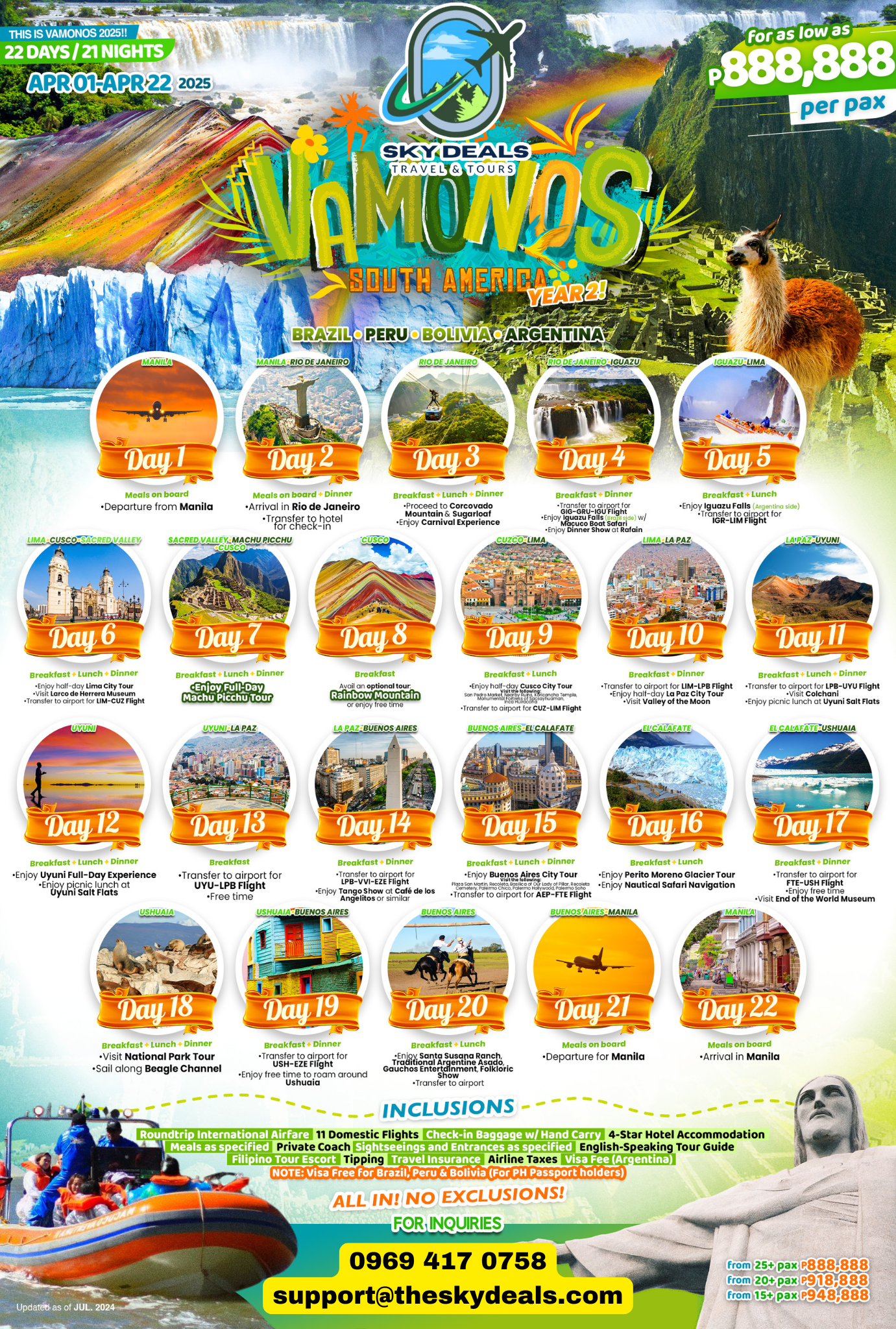 BRAZIL, PERU, BOLIVIA, ARGENTINA 22 DAYS AND 21 NIGHTS APR 2025