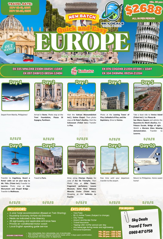 Europe Italy-Switzerland-France 10 Days And 9 Nights Package All-in November 2024