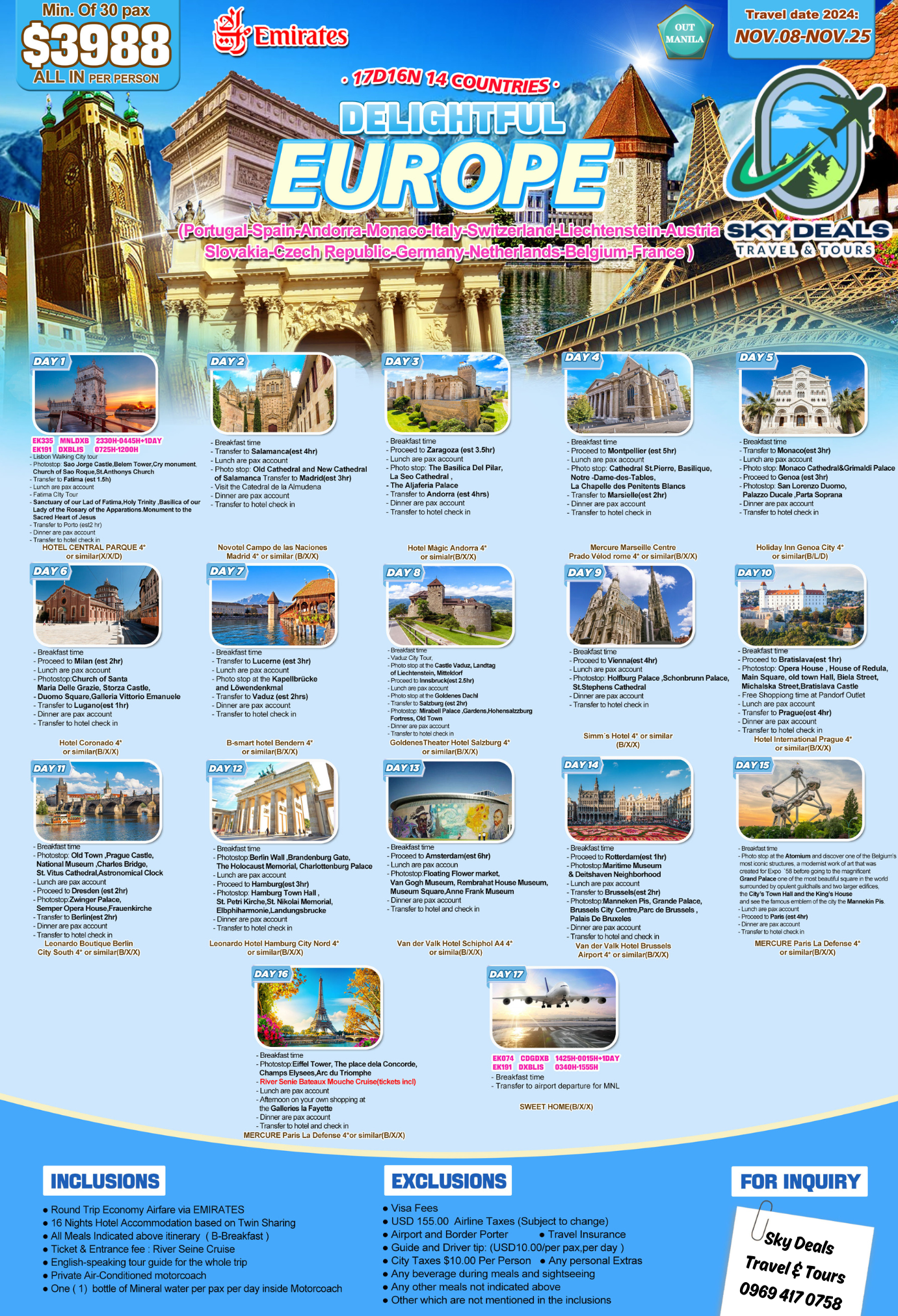 Europe 17 Days And 16 Nights Package All-in November 2024