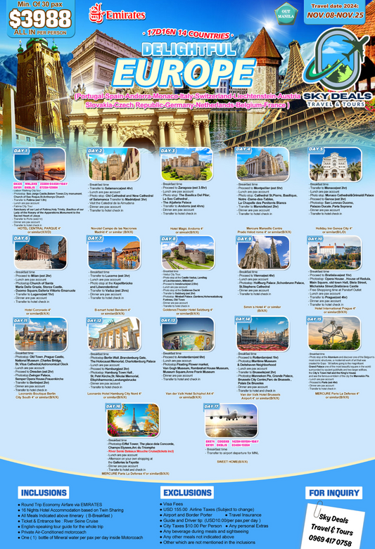 Europe 17 Days And 16 Nights Package All-in November 2024