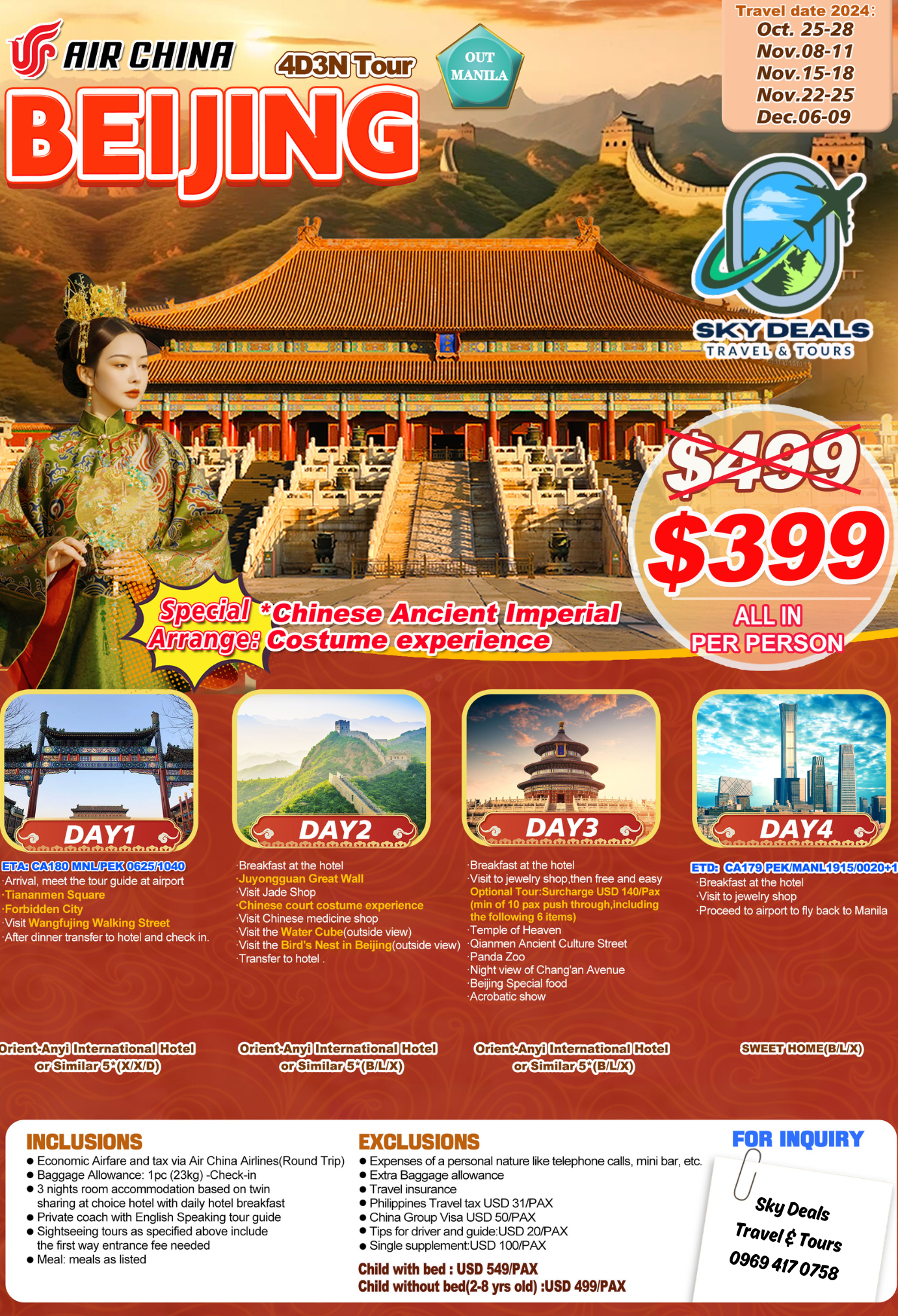 Beijing 4 Days And 3 Nights  Package All-in October to December