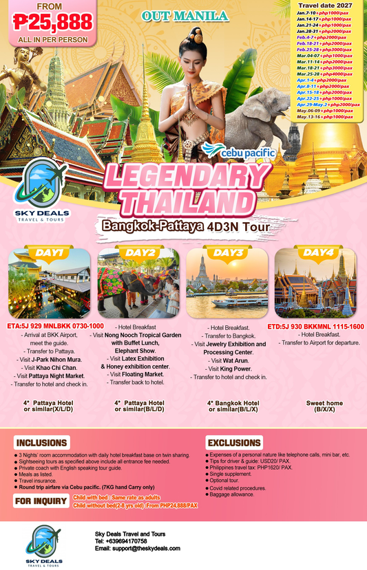 4 Days 3 Nights BEST OF THAILAND | Bangkok-Pattaya | JANUARY to MAY 2027