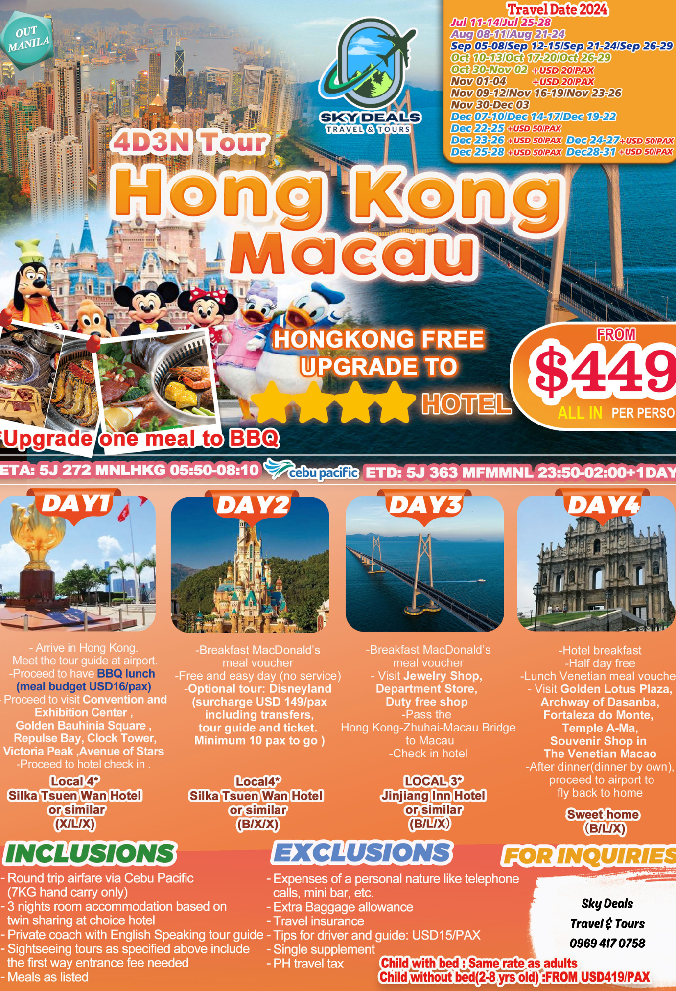 Hong Kong-Macau 4 Days And 3 Nights Package All-in July to December 2024