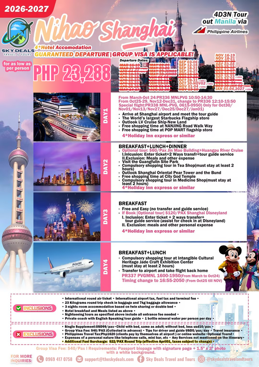 4 Days 3 Nights SHANGHAI GETAWAY | SEPTEMBER 2026 to JANUARY 2027