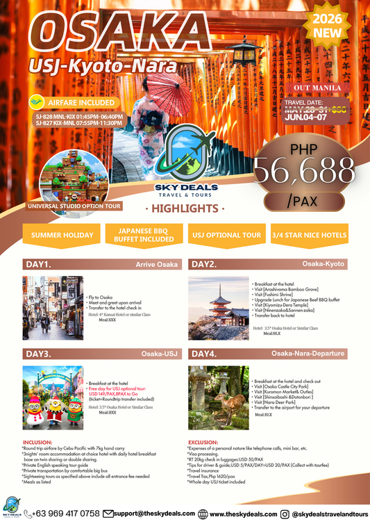4 Days 3 Nights OSAKA | USJ • Kyoto • Nara | JUNE 2026