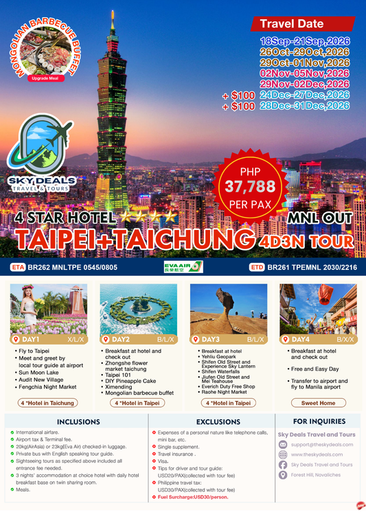 4 Days 3 Nights Taipei + Taichung Tour | SEPTEMBER to DECEMBER 2026