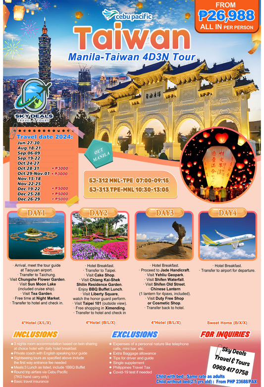 Taiwan 4 Days 3 Nights Package All-In June to December 2024