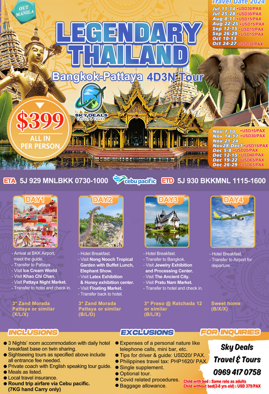 Bangkok-Pattaya 4 Days 3 Nights Package All-In July to October 2024