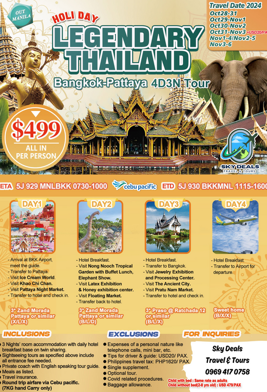 Bangkok-Pattaya 4 Days 3 Nights Package All-In October to November 2024