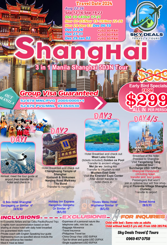 Shanghai 5 Days And 4 Nights Package All-in August 2024 to January 2025