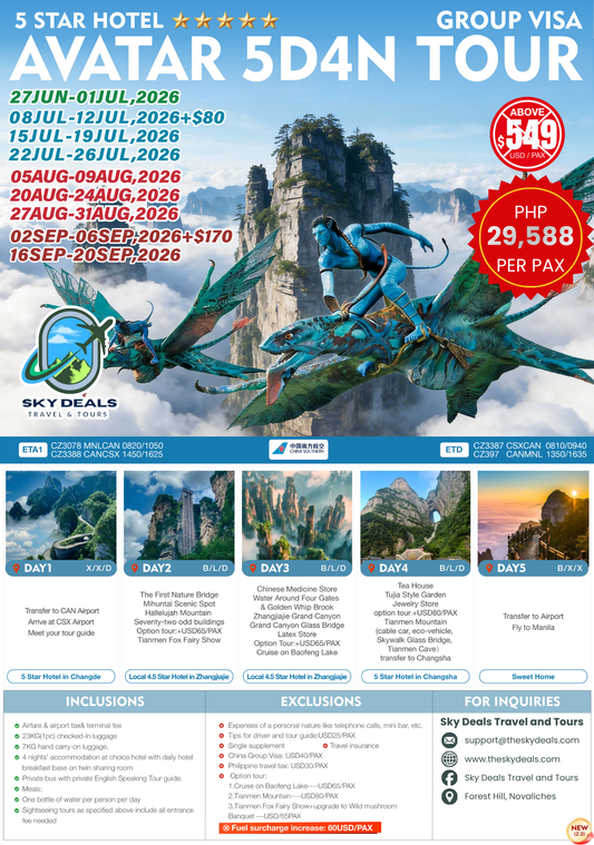 5 Days 4 Nights Avatar Zhangjiajie Tour | JUNE to SEPTEMBER 2026