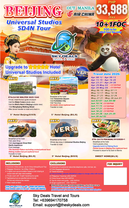 5 Days 4 Nights Beijing + Universal Studios Tour | MAY to JUNE 2026