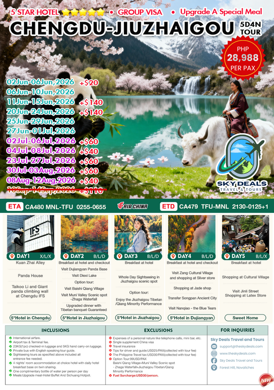 5 Days 4 Nights Chengdu - Jiuzhaigou | JUNE to AUGUST 2026