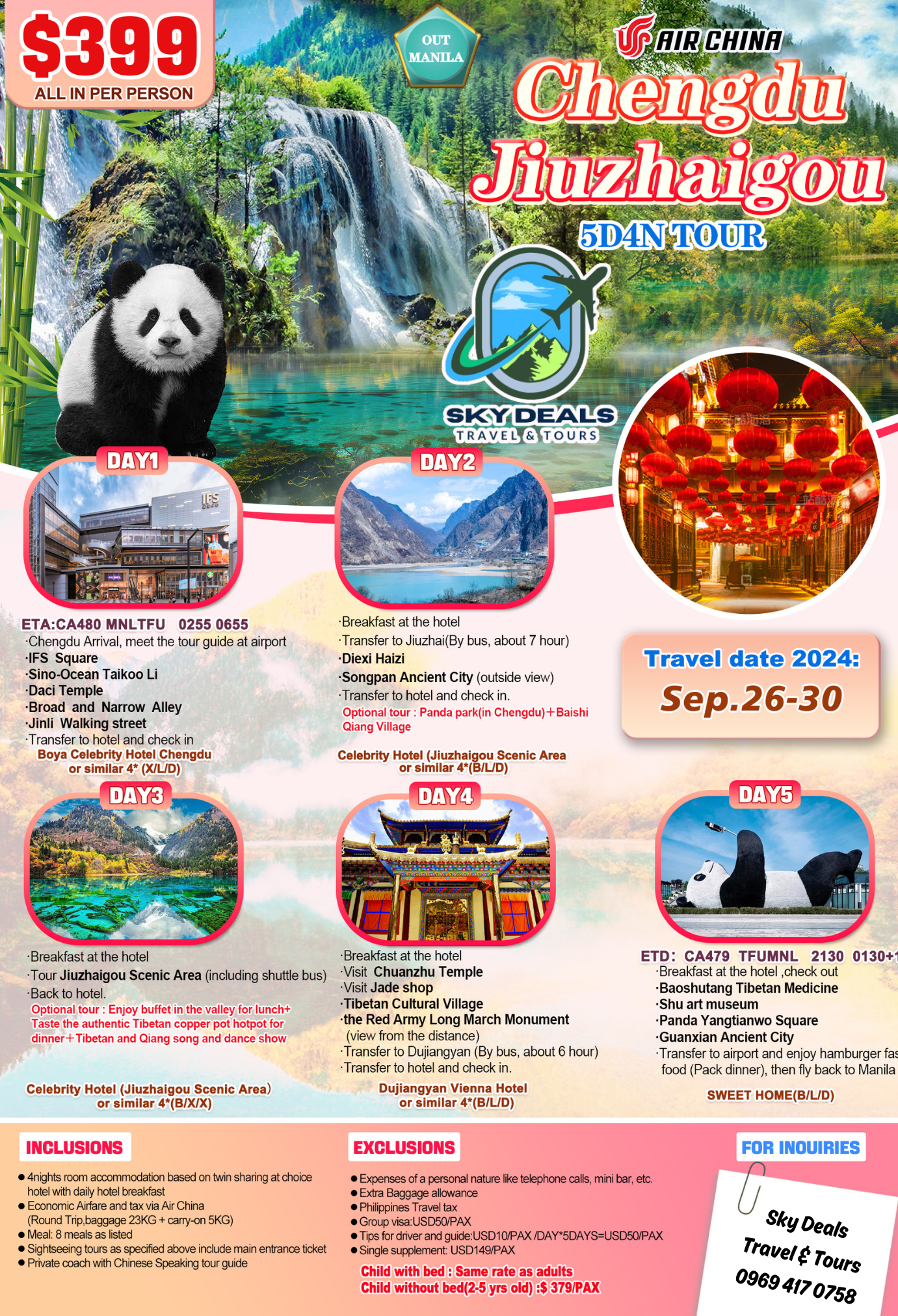 Chengdu Jiuzhaigou 5 Days And 4 Nights Package All-in September 2024