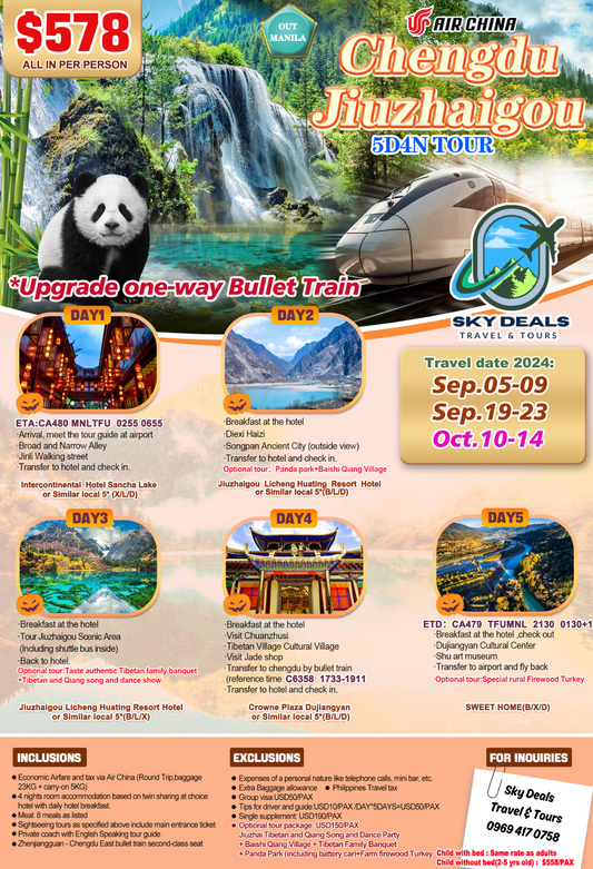 Chengdu Jiuzhaigou 5 Days And 4 Nights Package All-in September to October 2024