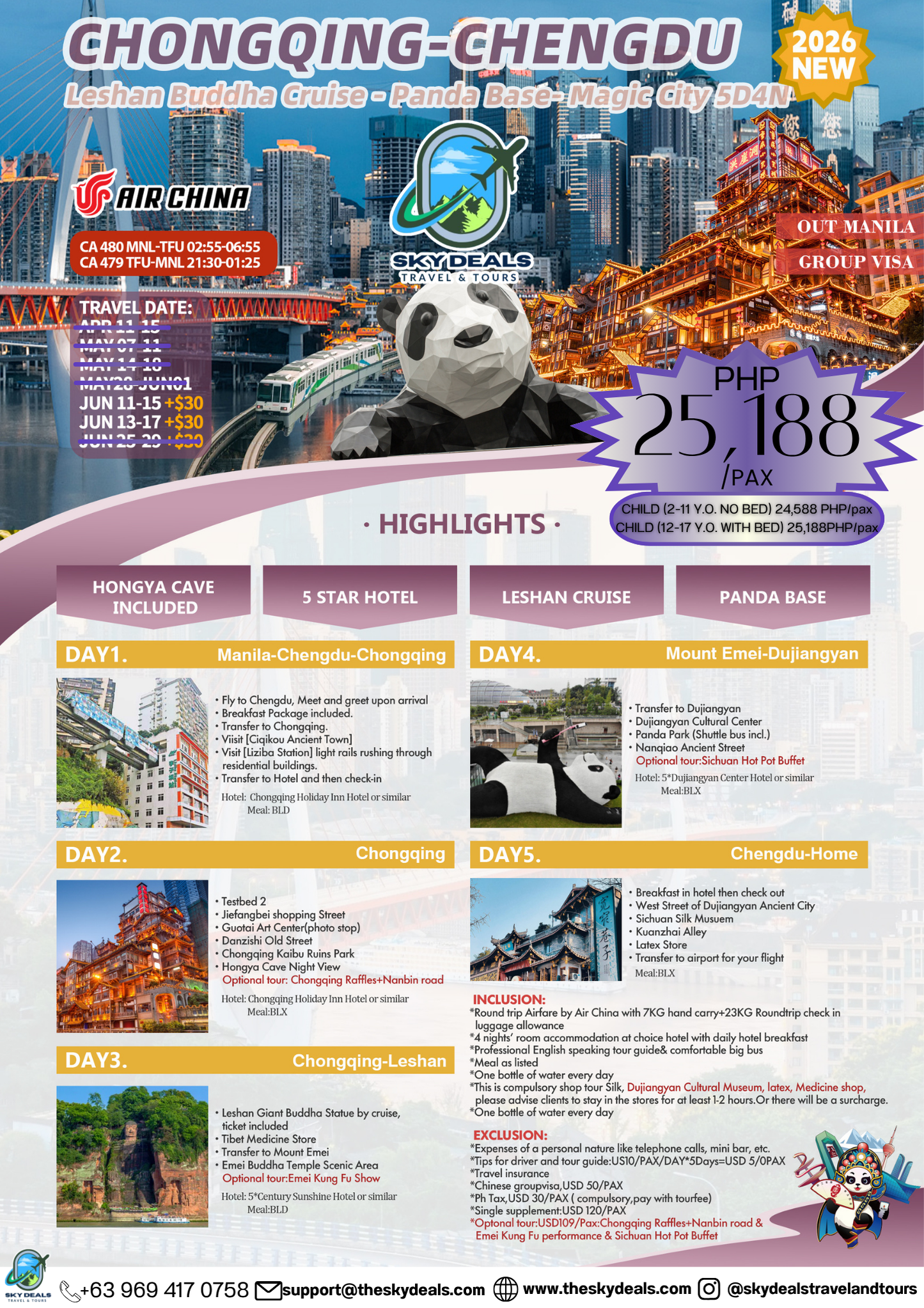 5 Days 4 Nights CHONGQING-CHENGDU | Leshan Buddha Cruise - Panda Base - Magic City | JUNE 2026