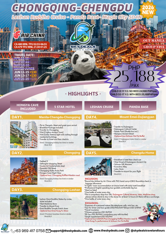 5 Days 4 Nights CHONGQING-CHENGDU | Leshan Buddha Cruise - Panda Base - Magic City | JUNE 2026