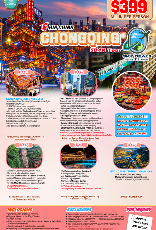 ChongQing 5 Days And 4 Nights Package All-in November to December 2024