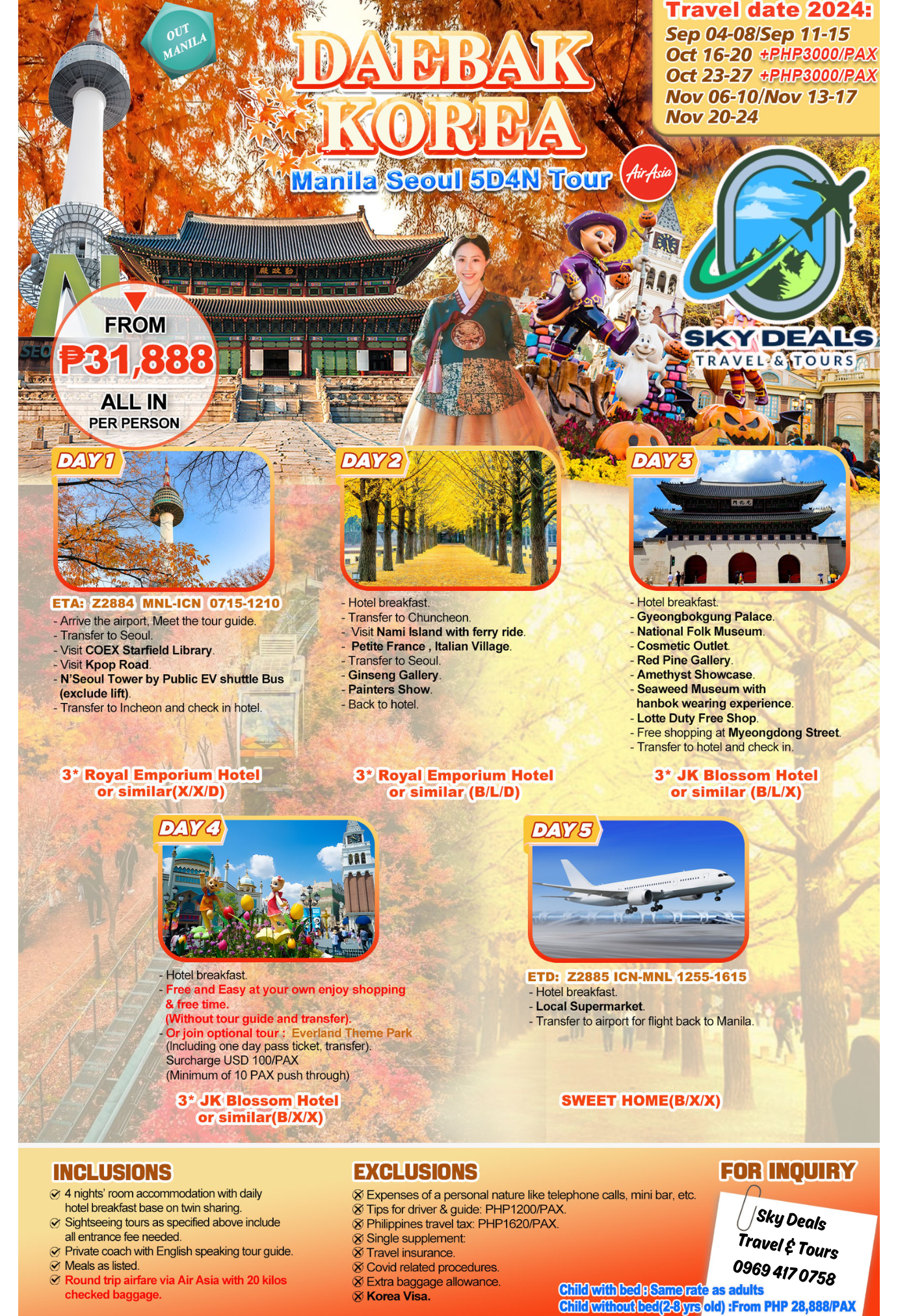 Seoul 5 Days And 4 Nights Package All-in September to November 2024