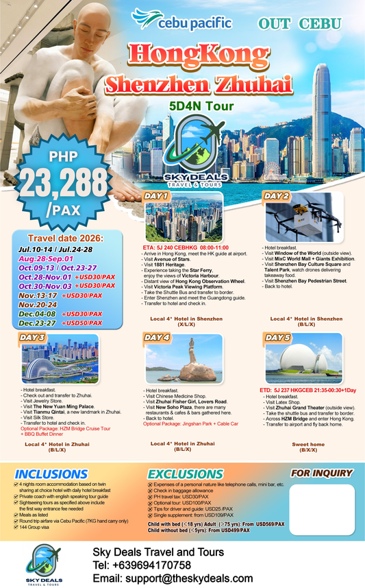 5 Days 4 Nights Hongkong - Shenzhen - Zhuhai | Out Cebu | OCTOBER to DECEMBER 2026