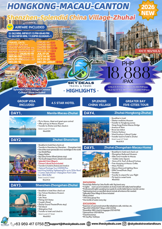 5 Days 4 Nights HONGKONG-MACAU-CANTON | JULY to DECEMBER 2026