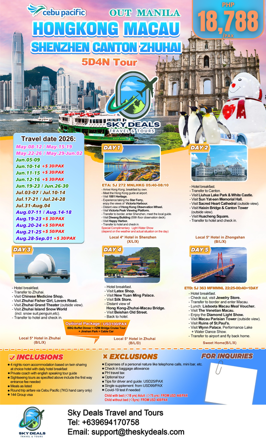 5 Days 4 Nights Hongkong - Macau - Shenzhen - Canton - Zhuhai | JUNE to AUGUST 2026