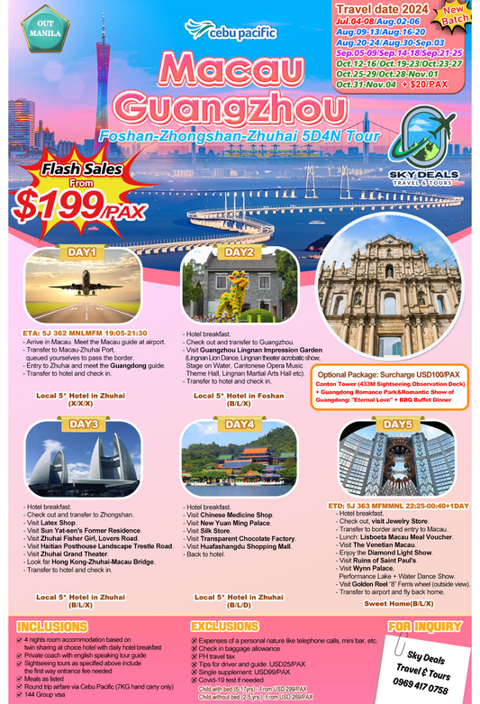 Macau Guangzhou 5 Days And 4 Nights Package All-in July to November 2024