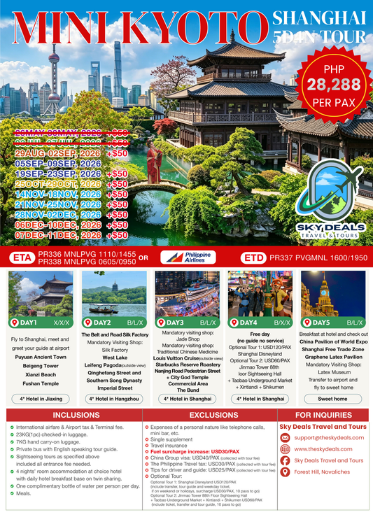 5 Days 4 Nights Mini-Kyoto Shanghai Tour | AUGUST to DECEMBER 2026