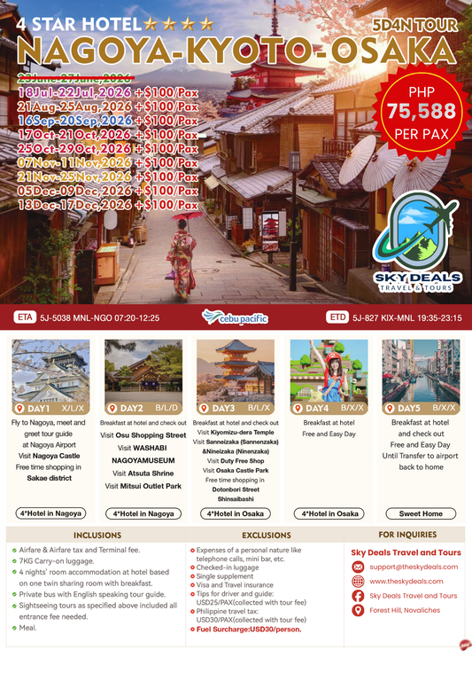 5 Days 4 Nights Nagoya - Kyoto - Osaka Tour | JULY to DECEMBER 2026