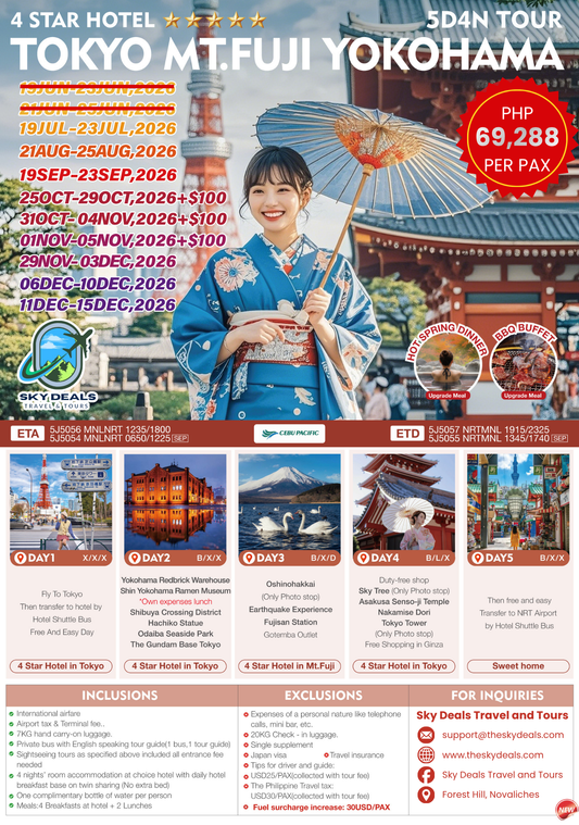 5 Days 4 Nights Tokyo - Mt. Fuji - Yokohama Tour | JULY to DECEMBER 2026