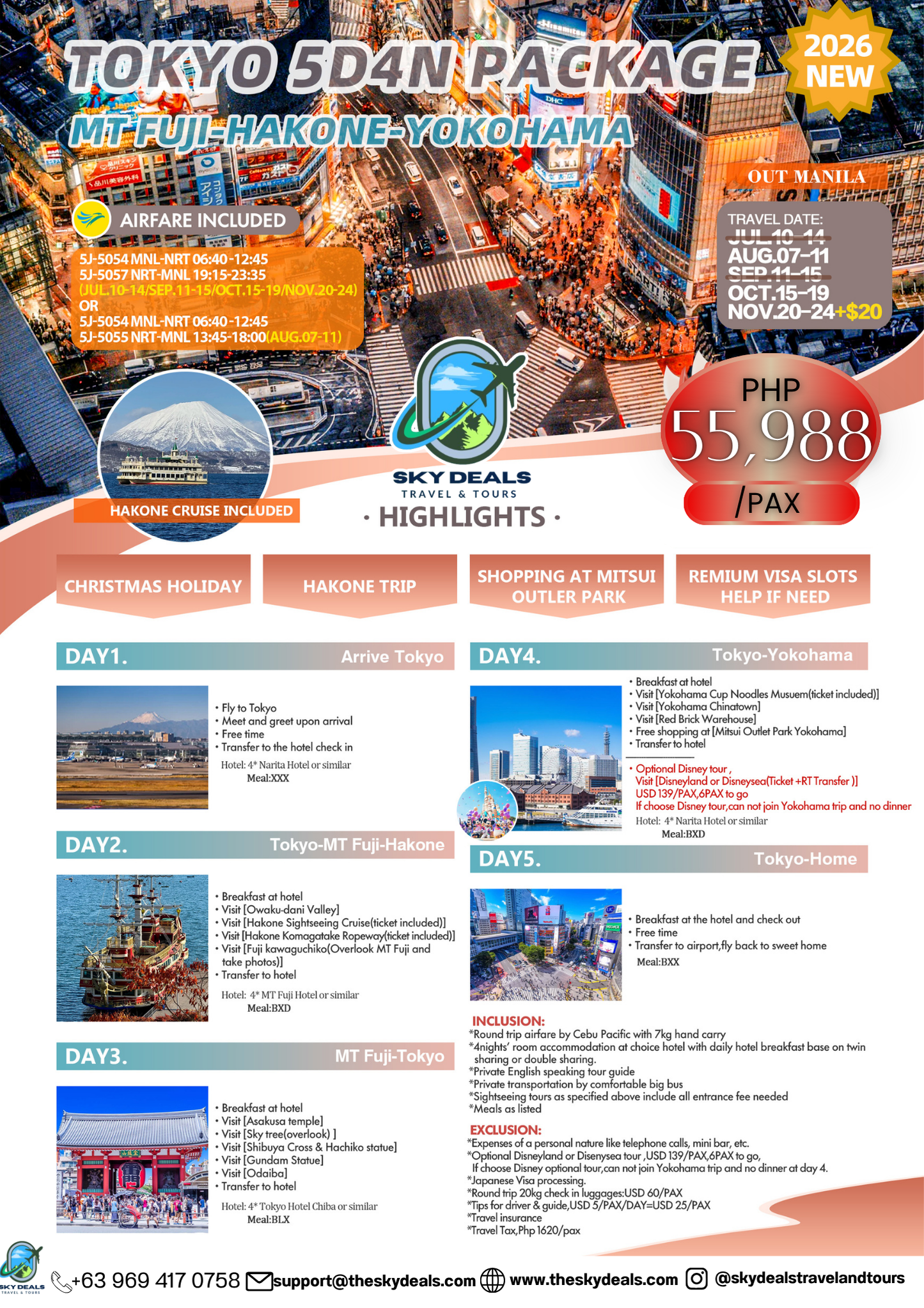 5 Days 4 Nights TOKYO | Mt. Fuji • Hakone • Yokohama Adventure | AUGUST to NOVEMBER 2026
