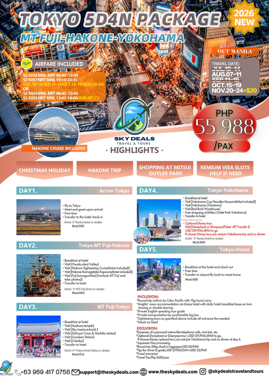 5 Days 4 Nights TOKYO | Mt. Fuji • Hakone • Yokohama Adventure | AUGUST to NOVEMBER 2026