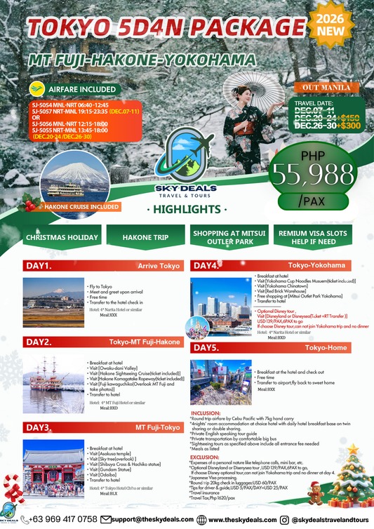 5 Days 4 Nights TOKYO | Mt. Fuji • Hakone • Yokohama Winter Escape | DECEMBER 2026