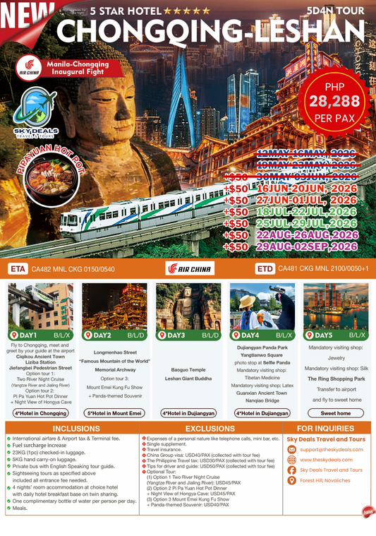 5 Days 4 Nights Chongqing - Leshan Tour | JUNE to AUGUST 2026