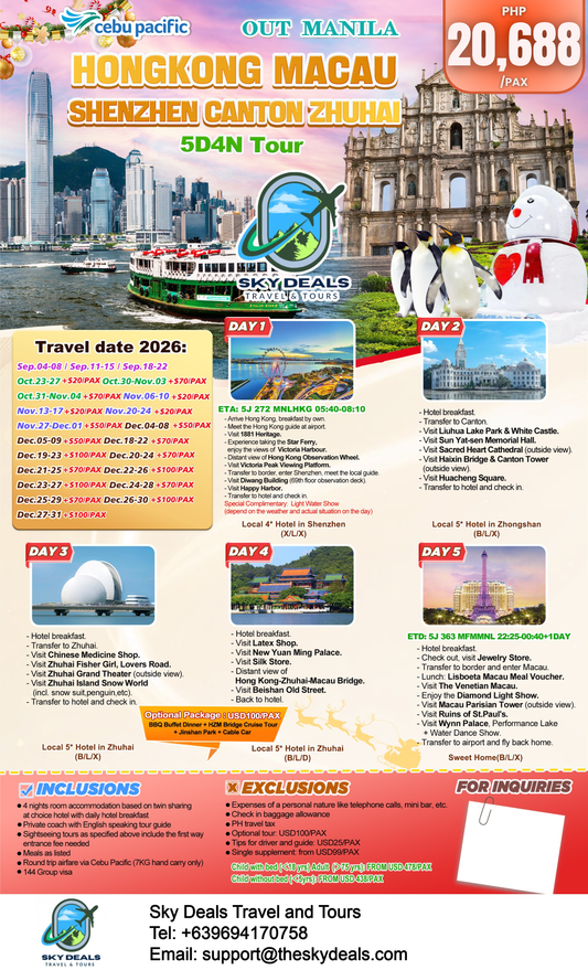 5 Days 4 Nights HONG KONG • MACAU • SHENZHEN • CANTON • ZHUHAI | SEPTEMBER to DECCEMBER 2026