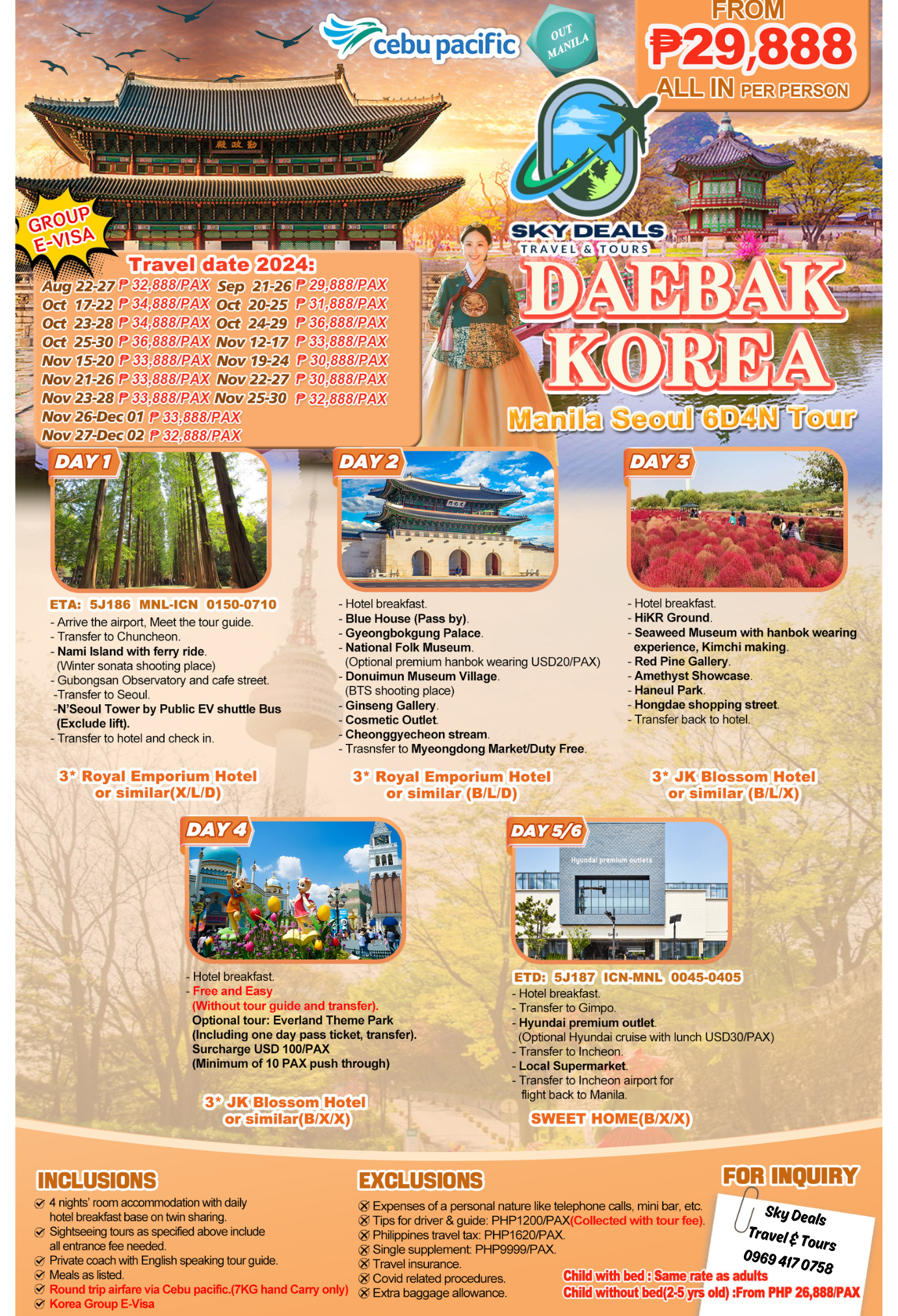 Seoul 6 Days And 5 Nights Package All-in August to December 2024