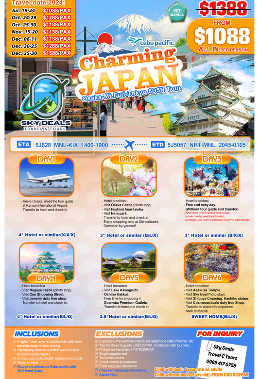 Japan 6 Days And 5 Nights Package All-in July to December 2024