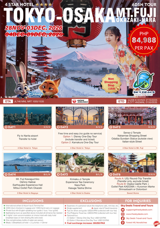 6 Days 5 Nights Tokyo - Osaka - Mt. Fuji - Okazaki - Nara | NOVEMBER 2026