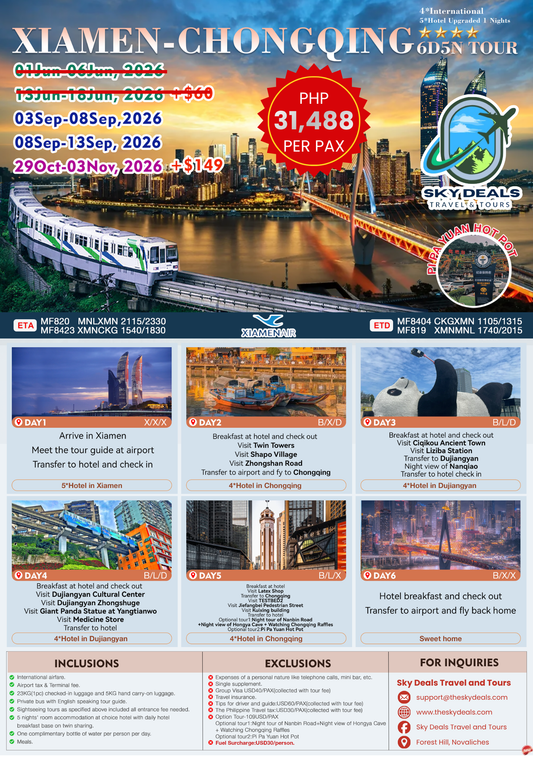 6 Days 5 Nights Xiamen - Chongqing Tour | SEPTEMBER to OCTOBER 2026