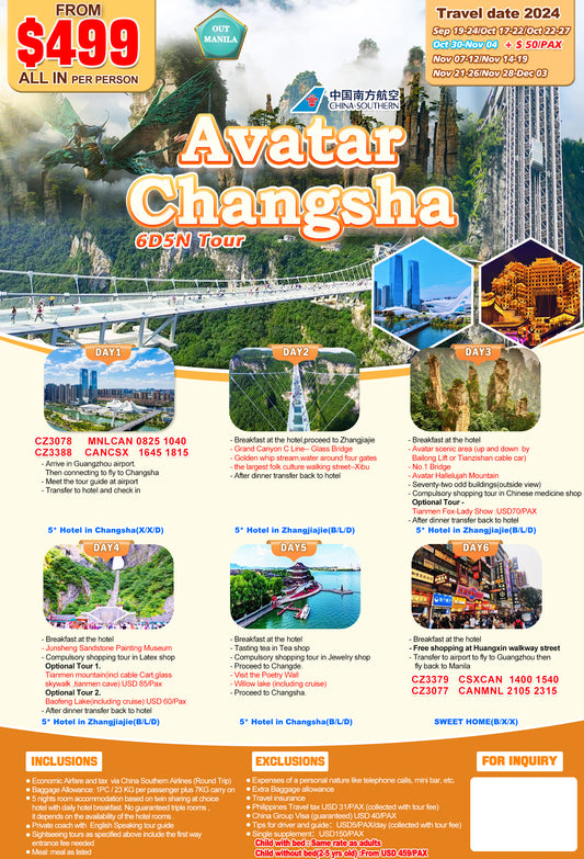 Avatar Changsha 6 Days And 5 Nights Package All-in September to December 2024