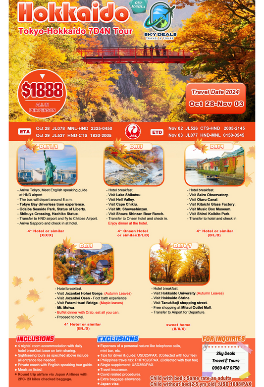 Hokkaido 7 Days And 6 Nights Package All-in October to November 2024